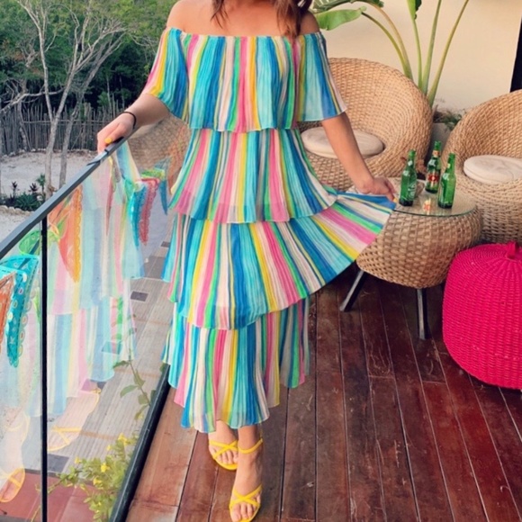 Lulus - Multi Strip Off The Shoulder Dress - Picture 2 of 2